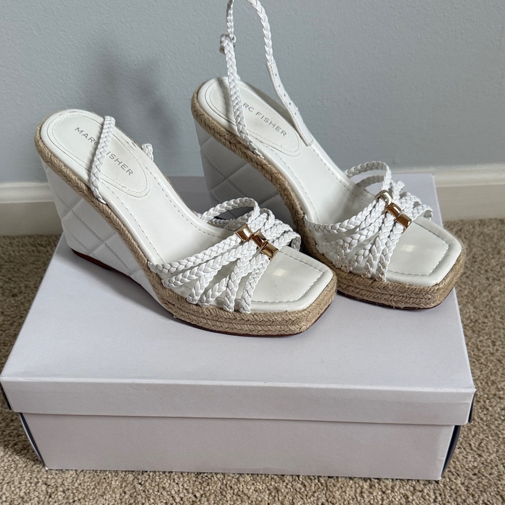 Marc Fisher White and Tan Wedge Sandals